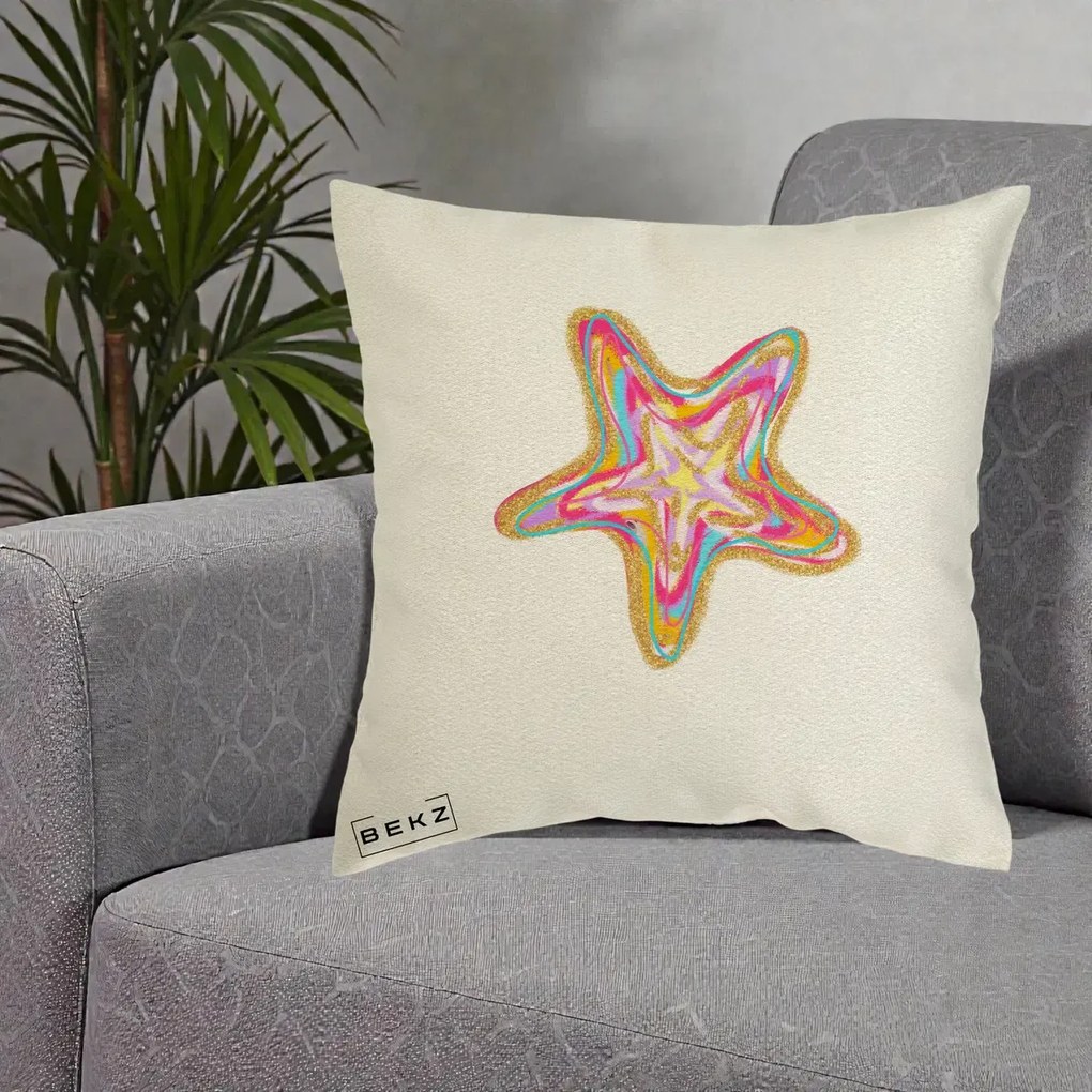 Perna Decorativa Stea de Mare Neon Curcubeu, 40x40 cm, Ecru, Husa Detasabila, Perna Inclusa, BEKZ®