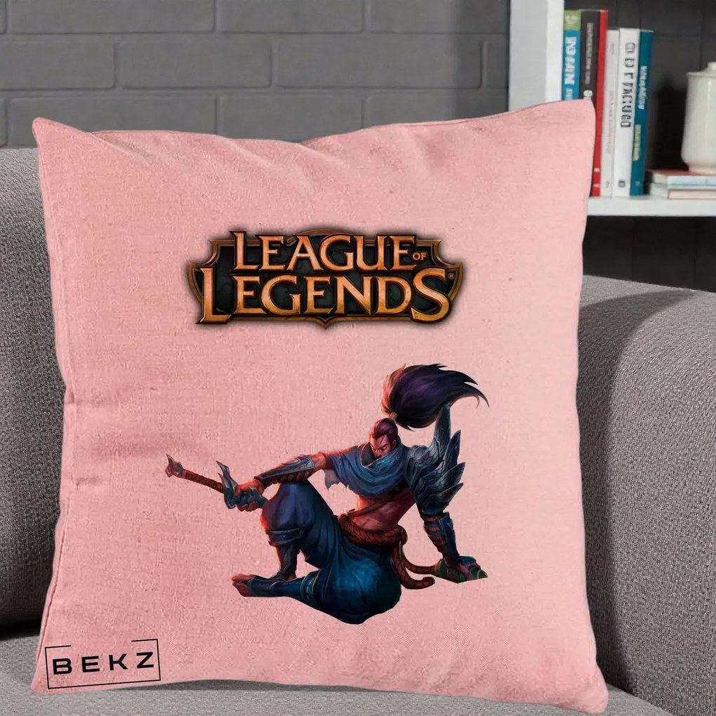 Perna Personalizata League of Legends Yasuo, 40x40 cm, Roz, Husa Detasabila, Perna Inclusa, BEKZ®