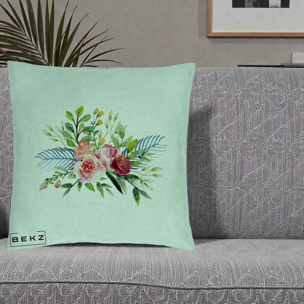 Perna Decorativa Buchet Flori Acuarela Roz-Verde, 40x40 cm, Verde Menta, Husa Detasabila, Perna Inclusa, BEKZ®