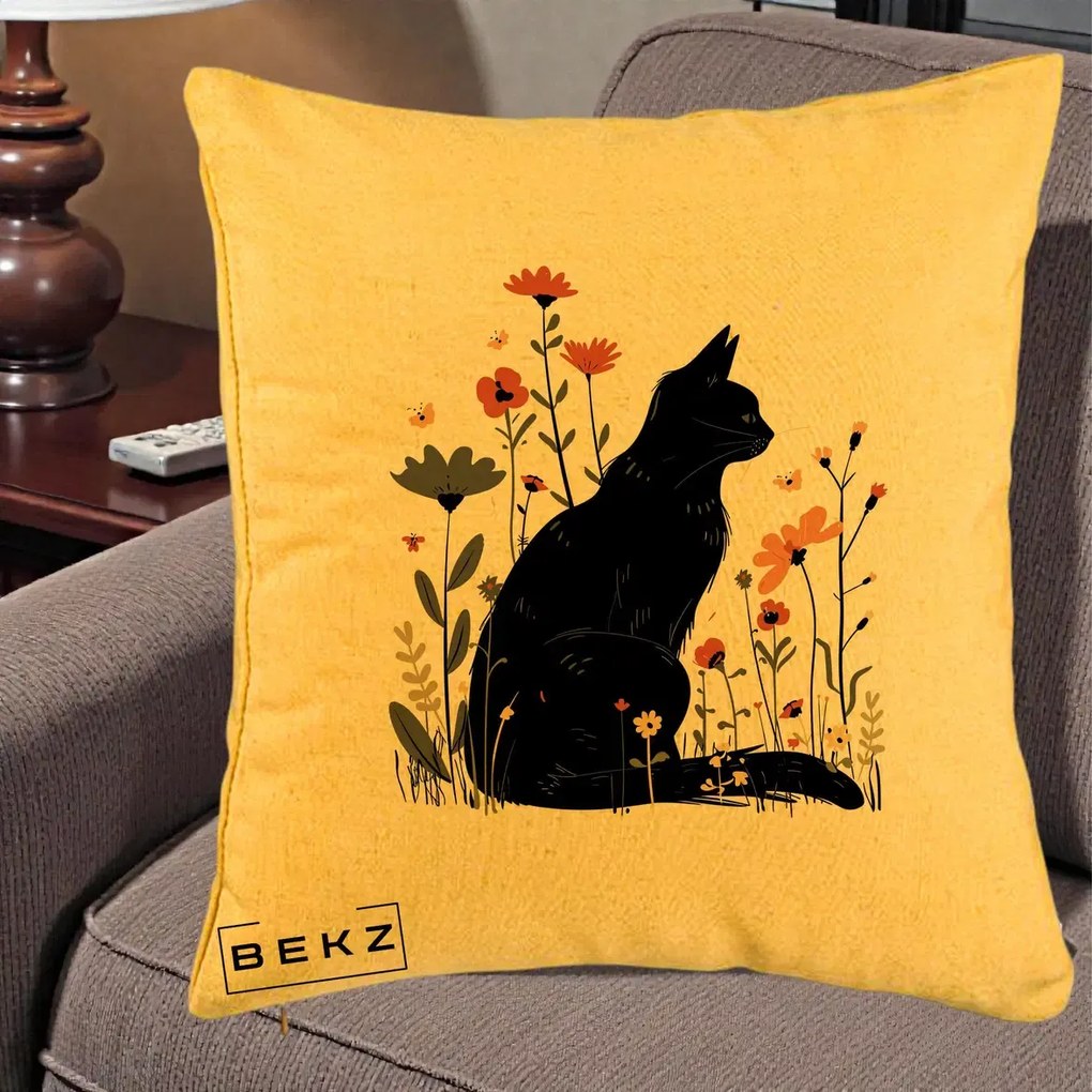 Perna Decorativa Pisica Neagra Profil Flori Portocalii, 40x40 cm, Galben, Husa Detasabila, Perna Inclusa, BEKZ®