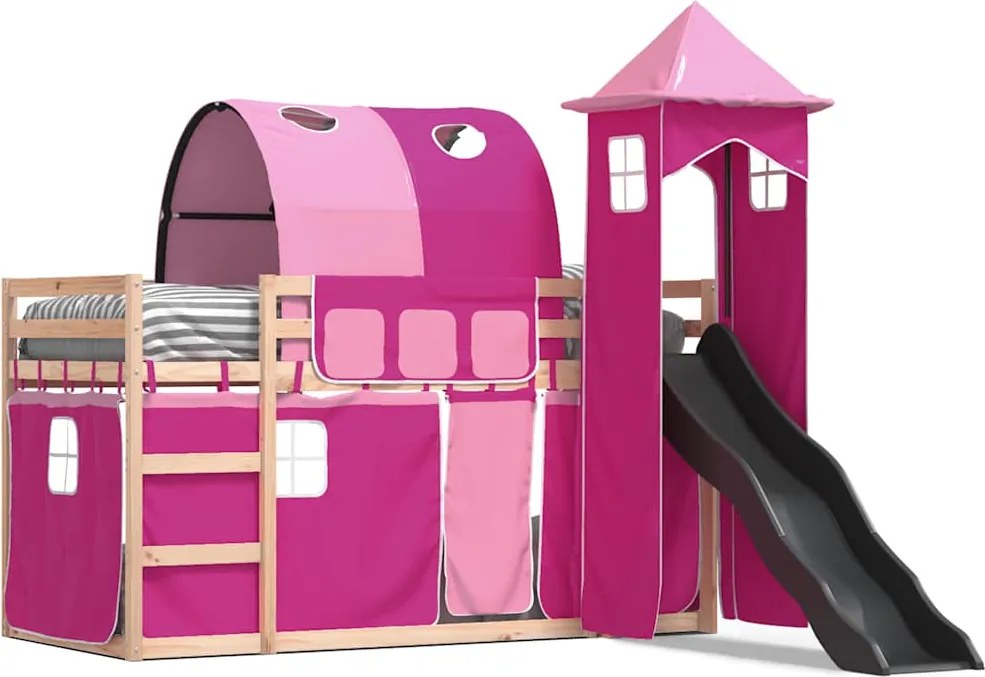 vidaXL Pat supraetajat cu tobogan și perdele, roz, 90x190 cm