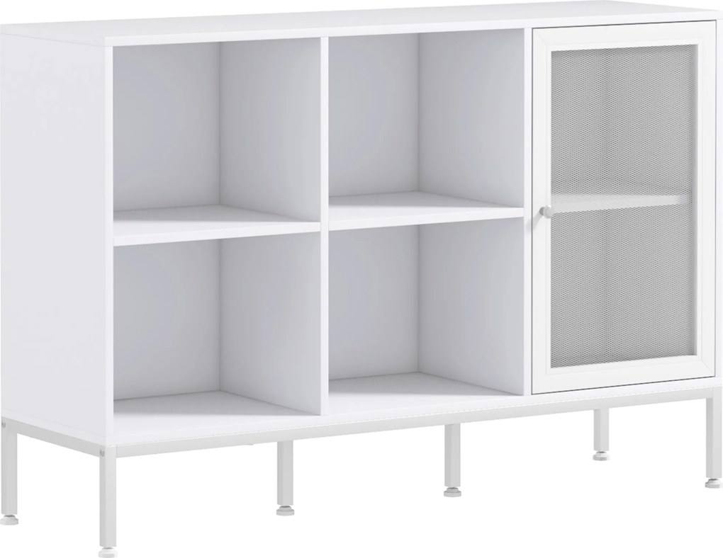 HOMCOM Dulap Modern de Depozitare cu Ușă din Plasă, 4 Compartimente Deschise și Raft Reglabil, 120x37x81.5 cm, Alb | Aosom Romania