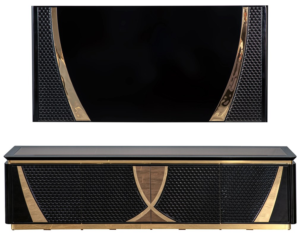 Set comoda tv si modul superior din mdf alb si auriu/negru si auriu lexus (200x51x57)