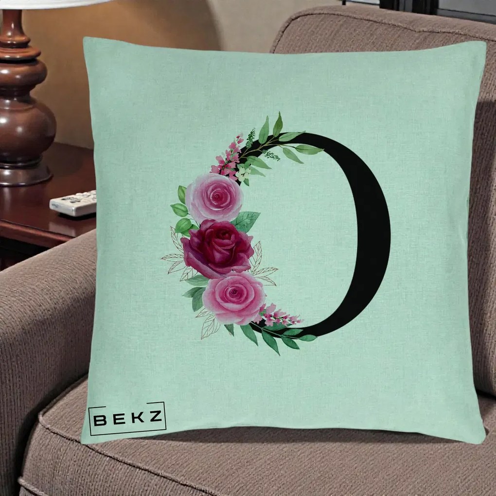 Cadou Personalizat - Perna Personalizata Monograma Florala Litera O, 40x40 cm, Verde Menta, Husa Detasabila, Perna Inclusa, BEKZ®