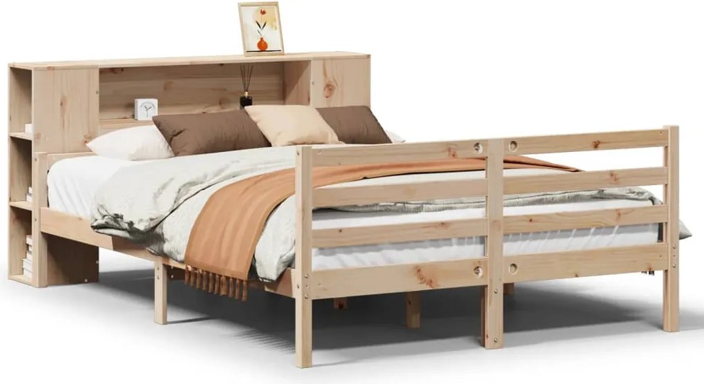 vidaXL Pat cu bibliotecă fără saltea, 135x190 cm, lemn masiv de pin