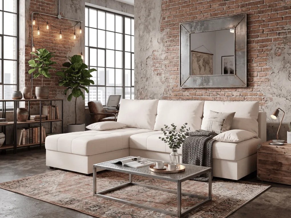 Coltar extensibil de colt VENORIA SLIM, crem, reversibil, 200x143 cm + 2 perne GRATUIT