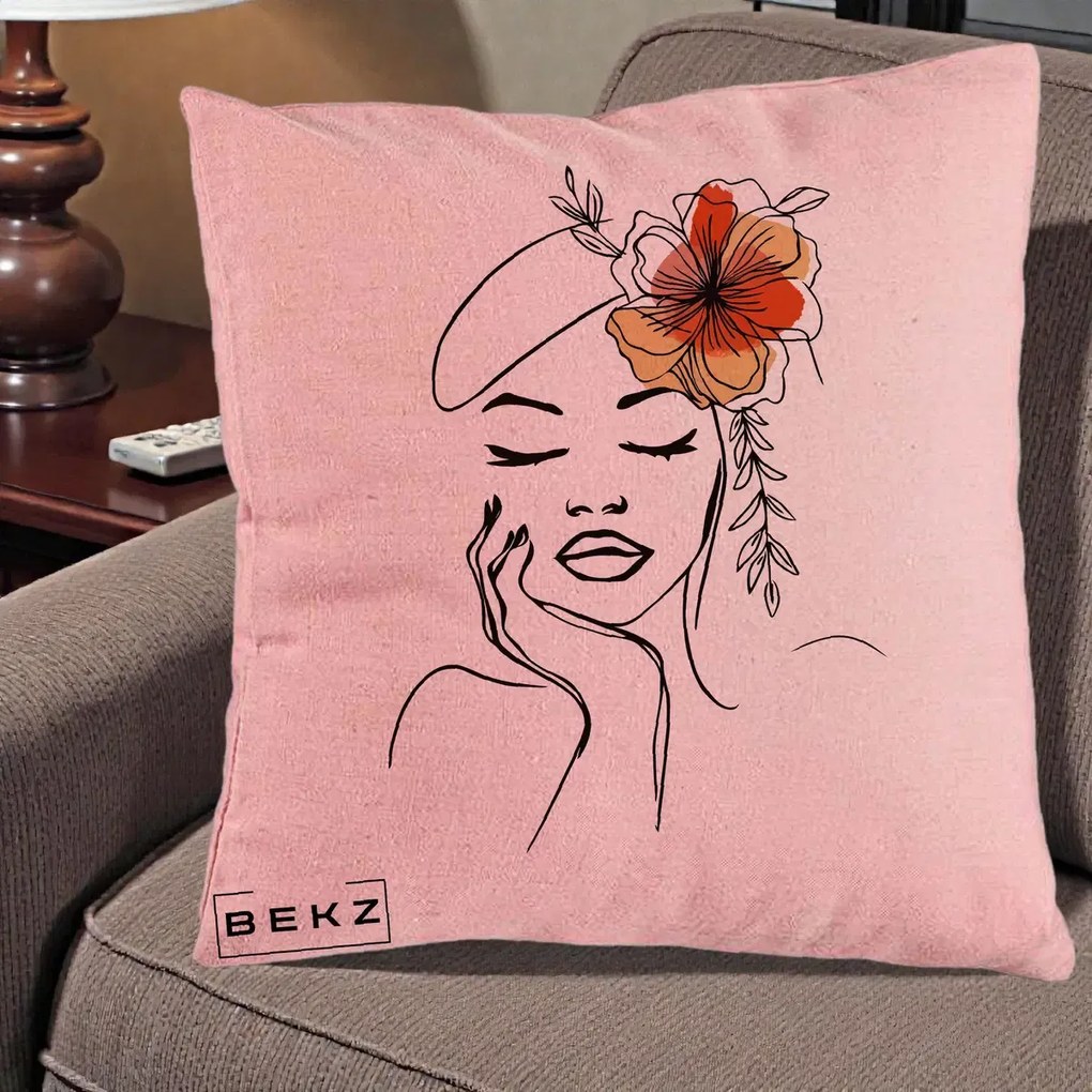 Perna Decorativa Portret Feminin Flori Palarie, 40x40 cm, Roz, Husa Detasabila, Perna Inclusa, BEKZ®