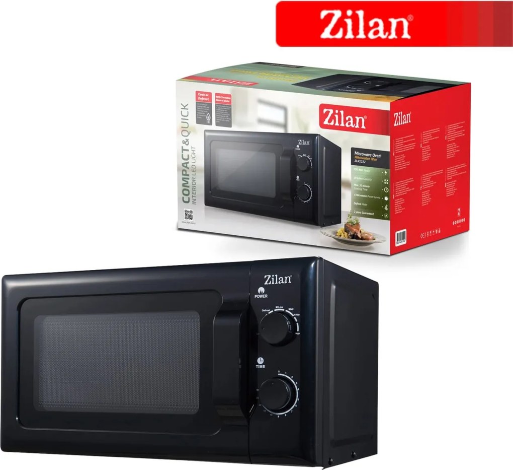 Cuptor cu microunde Zilan ZLN1222, 20 L, 700W, mod pentru dezghet, 6 trepte de putere, Negru