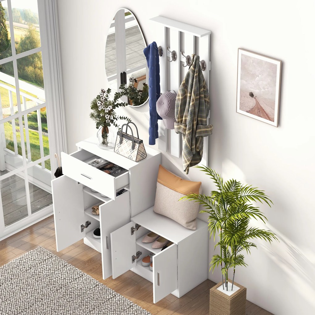 HOMCOM Mobilier de Hol cu Cuier din Lemn, Spațiu de Depozitare și Design Elegant, 100x32x187cm, Alb | Aosom Romania