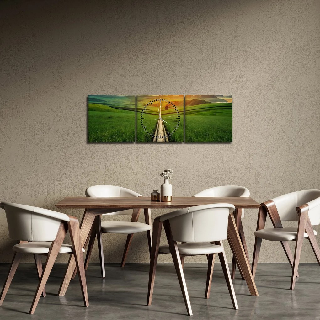 Tablou - Răsărit de soare peste vale (cu ceas) (90x30 cm)