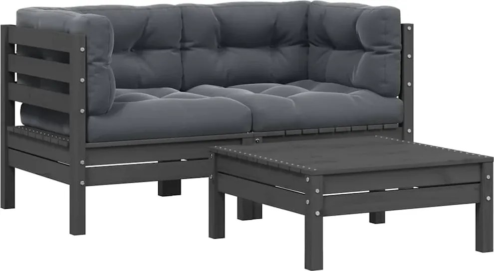vidaXL Set mobilier de grădină cu perne, 3 piese, gri, lemn masiv pin