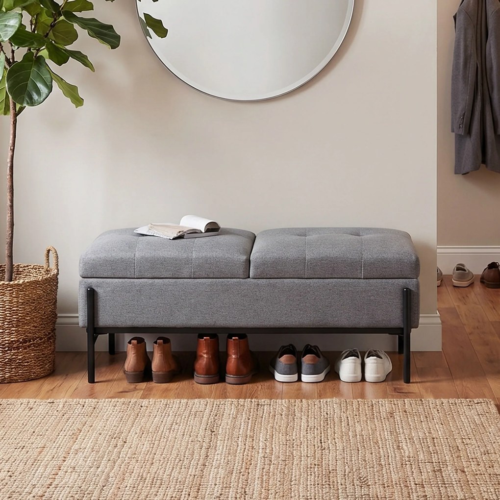 HOMCOM Ladă-bancă din ţesătură tip in, bancă de pat cu 2 compartimente, capace rabatabile şi perne extra-groase, 117 x 50 x 44 cm | Aosom Romania