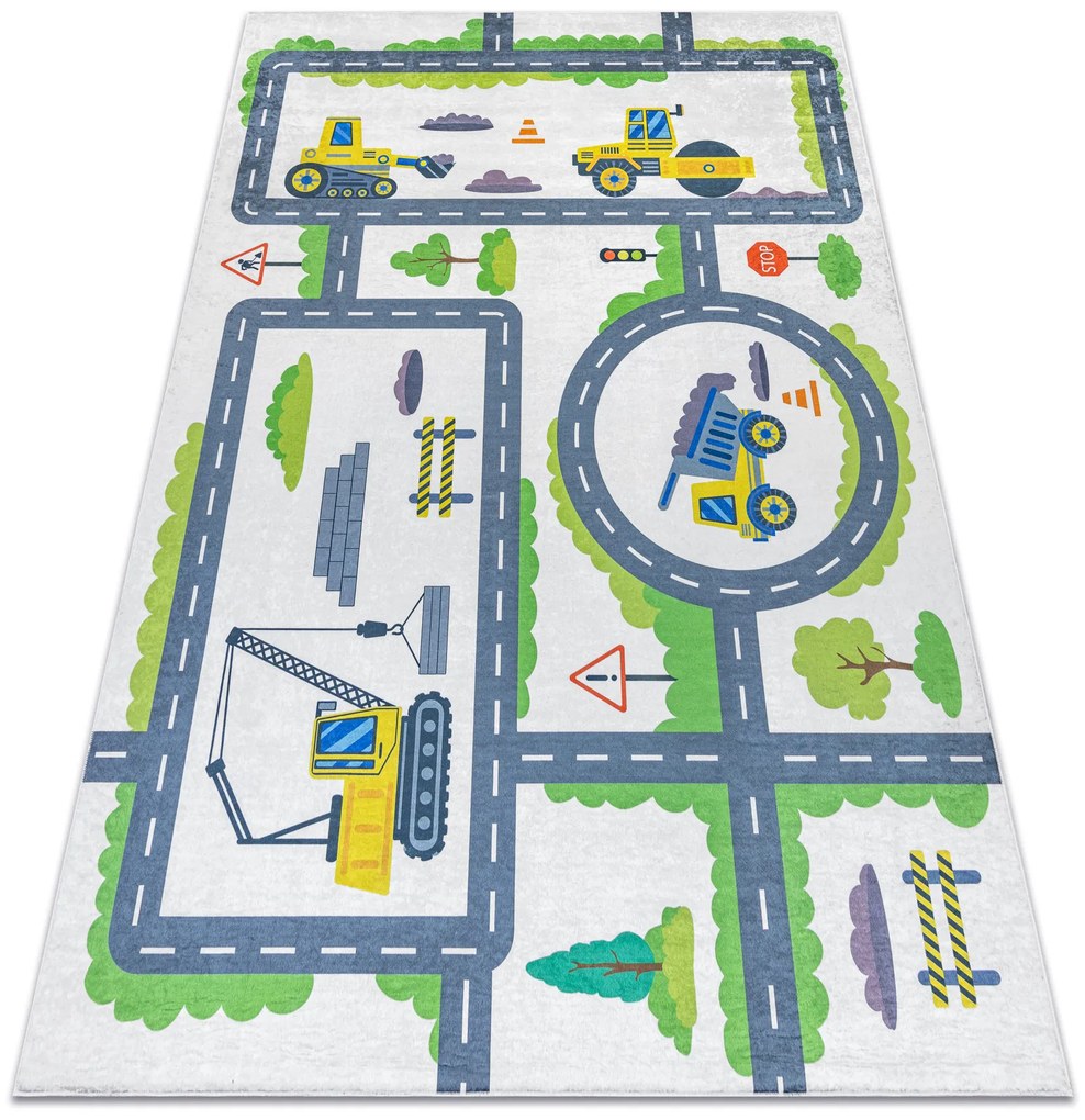 BAMBINO 2338 covor lavabil Excavator, străzi pentru copii anti-alunecare - alb / verde