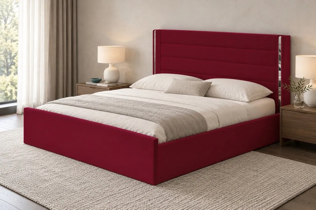 Pat tapițat din catifea Veyra 120×200 cm, vișiniu, detalii argintii, cu ladă de depozitare