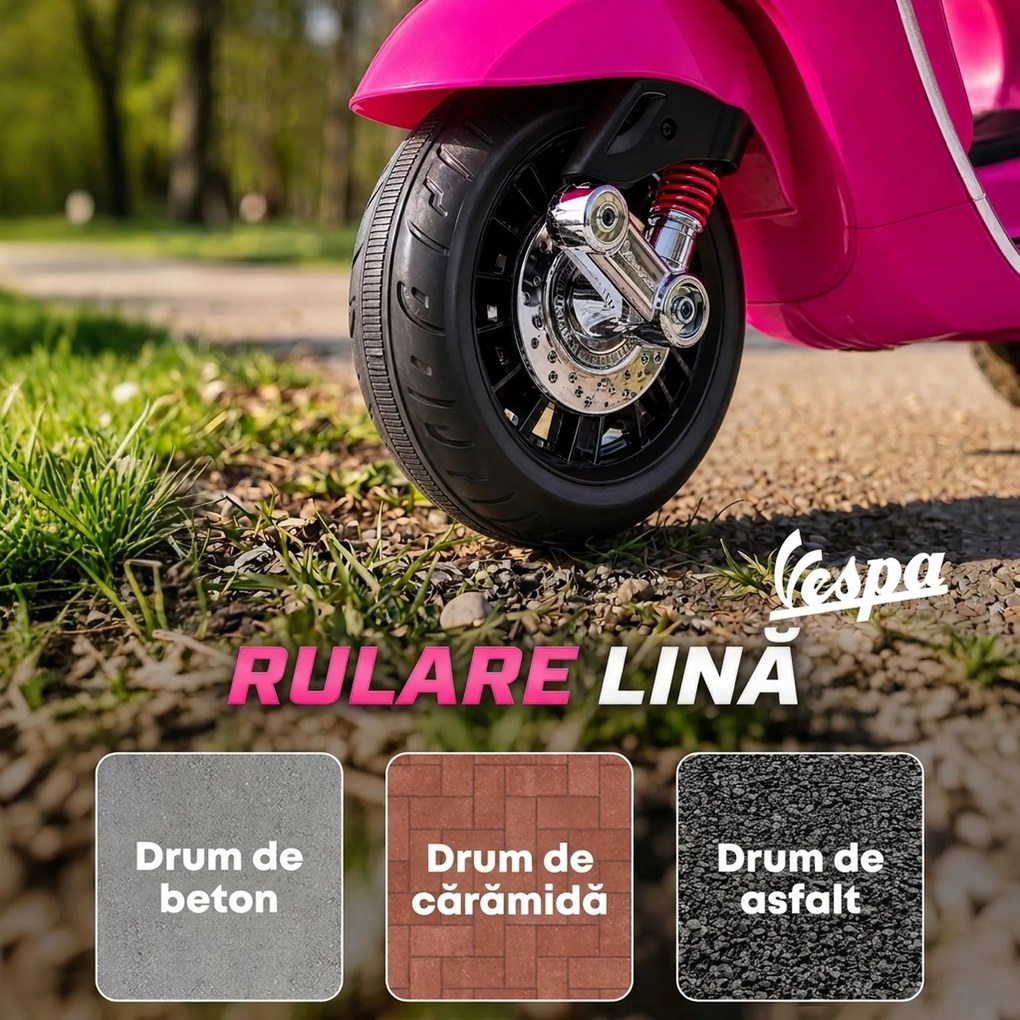 AIYAPLAY Motocicletă electrică pentru copii cu licență Vespa, roți ajutătoare, far și muzică, PP și metal, 107x47x73 cm, Roz | Aosom Romania