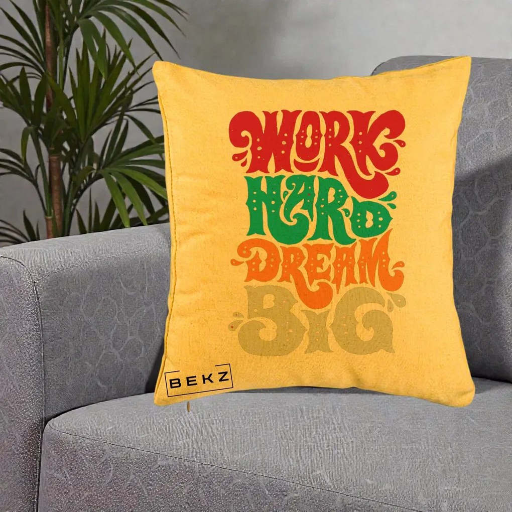 Perna Decorativa Work Hard Dream Big Retro, 40x40 cm, Galben, Husa Detasabila, Perna Inclusa, BEKZ®