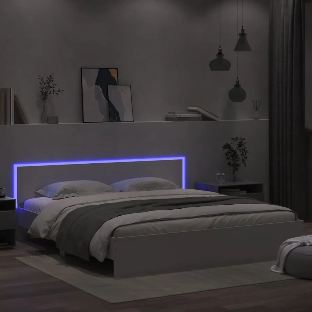 3207581 vidaXL Cadru de pat cu tăblie și LED, alb, 200x200 cm