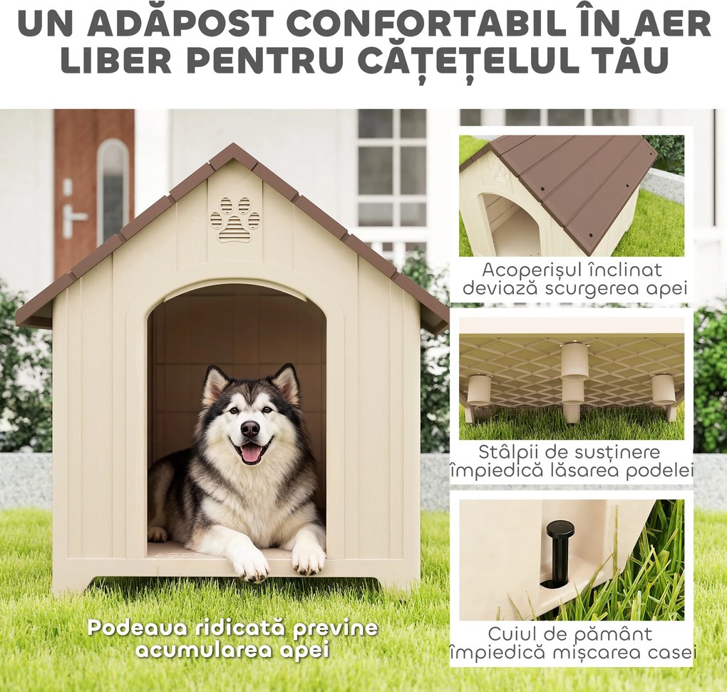 PawHut Căsuță pentru Câini de Exterior, Talie Mare și XL, Adăpost din Plastic Impermeabil cu Bază Ridicată, Ferestre și Acoperiș Înclinat pentru Grădină, Terasă, Curte, 102x94x103 cm, Bej | Aosom Romania