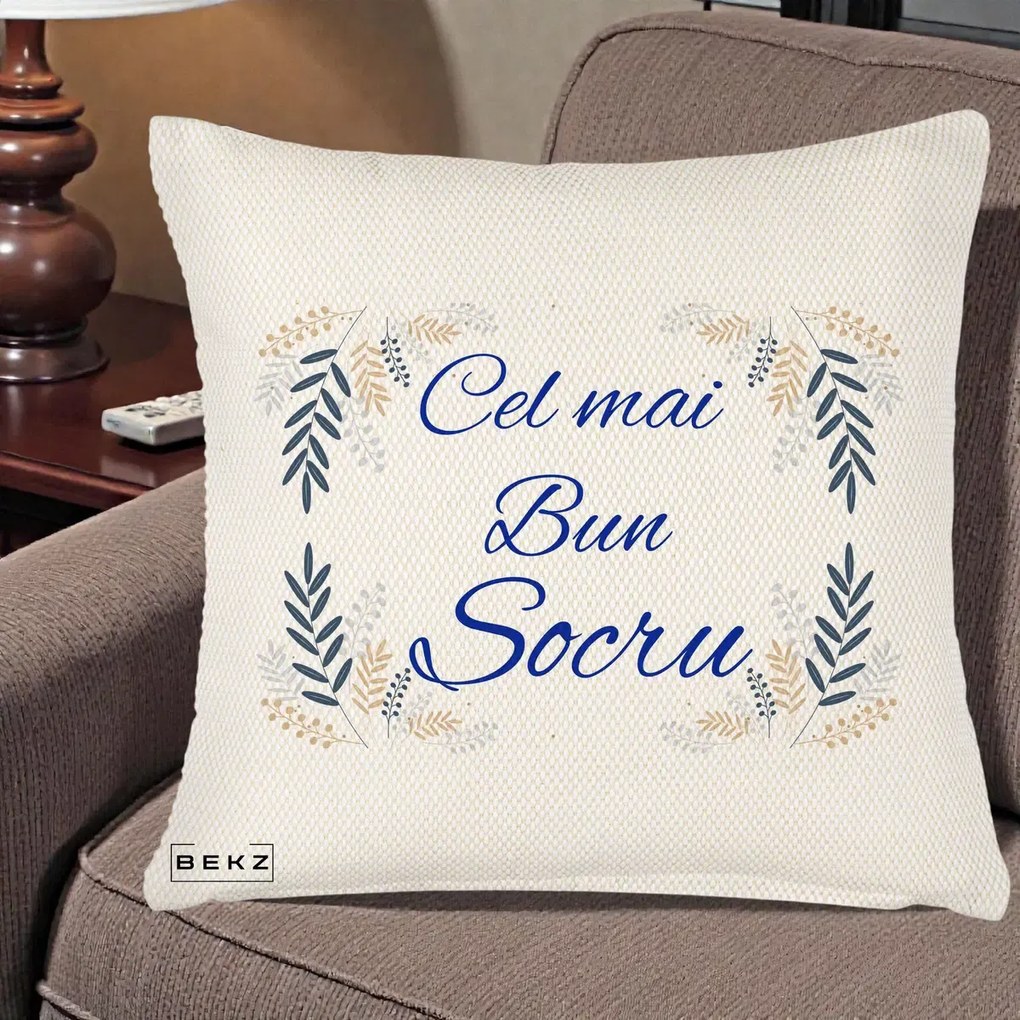 Cadou pentru Socru - Perna Personalizata Cel mai Bun Socru cu Ramuri Frunze Albastre si Aurii, 40x40 cm, Crem Reliefat, Husa Detasabila, Perna Inclusa, BEKZ®