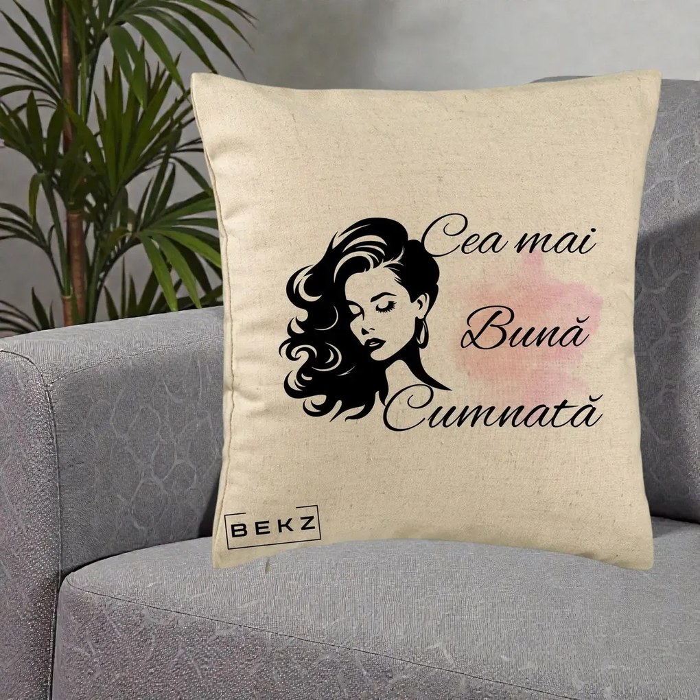 Cadou pentru Cumnata - Perna Personalizata Cea mai Buna Cumnata cu Silueta Dama si Pete Roz, 40x40 cm, Bej, Husa Detasabila, Perna Inclusa, BEKZ®