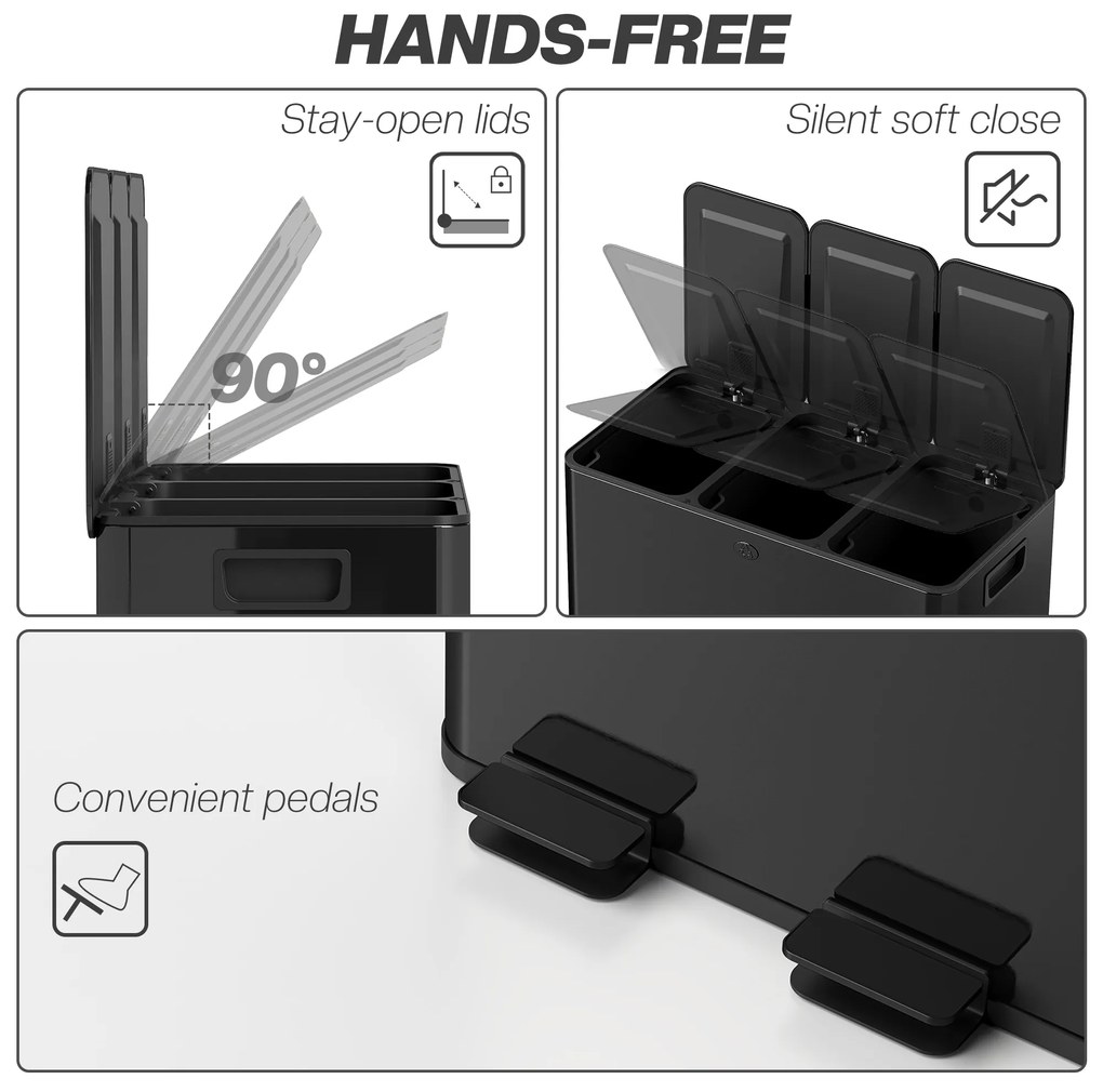 HOMCOM Coș de Gunoi cu 3 Secțiuni de 20L cu Pedală și 2 Capace cu Închidere Silențioasă, Coș de Gunoi din Oțel Inoxidabil și PP, 61.9x36.6x56.7 cm, Negru | Aosom Romania