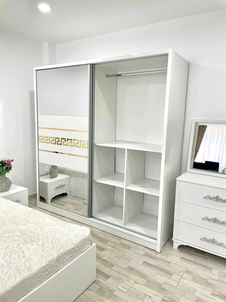 Dormitor Palermo, culoare alb, cu pat tapitat 160 x 200 cm, dulap cu 2 usi, comoda cu oglinda, 2 noptiere