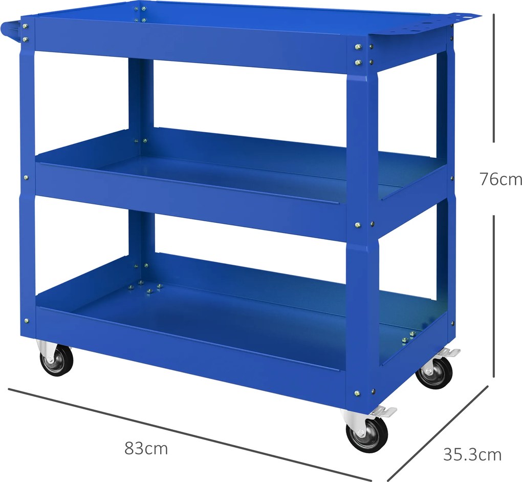 DURHAND Cărucior pentru Scule cu 3 Niveluri din Oțel cu Margini Înalte și 4 Roți Pivotante, 83 x 35.3 x 76 cm, Albastru | Aosom Romania