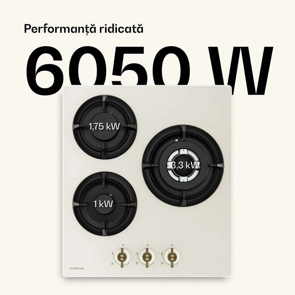 Klarstein Plită pe gaz Victoria | 3 arzătoare din aluminiu | compatibilă cu gaz natural și GPL | 6050 W | 45 cm