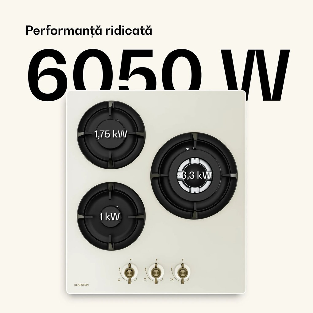 Klarstein Victoria plită pe gaz | 3 arzătoare din aluminiu | Compatibil gaz natural și GPL | 6050 W | 45 cm