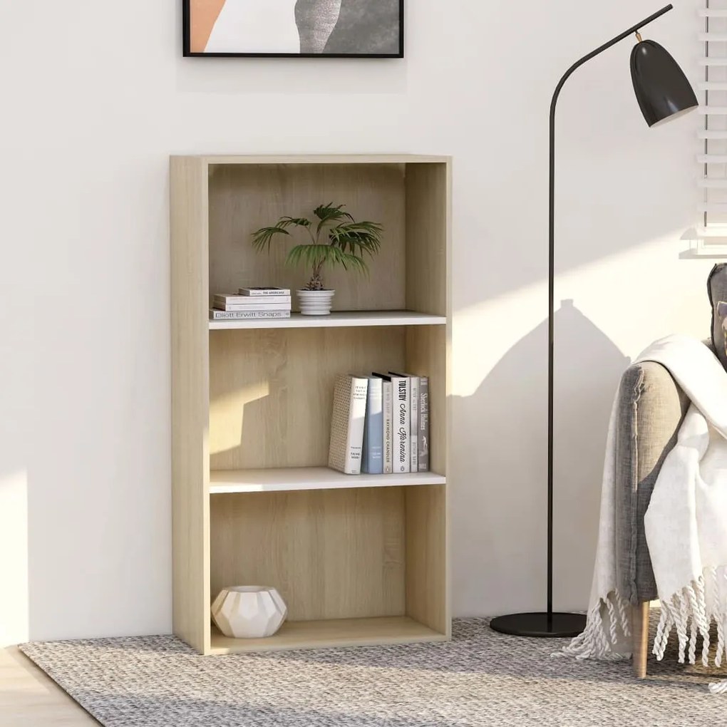 800977 vidaXL Bibliotecă cu 3 rafturi alb/sonoma 60x30x114 cm, lemn prelucrat