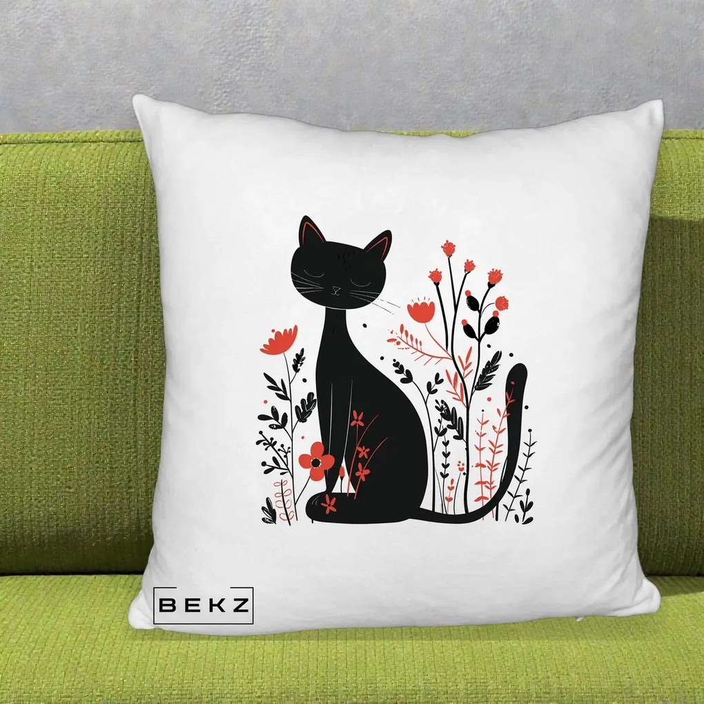 Perna Decorativa Pisica Neagra Flori Rosii Folk Minimal, 40x40 cm, Alb Pufos, Husa Detasabila, Perna Inclusa, BEKZ®