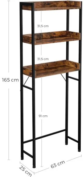 Raft De Depozitare Pentru Baie Cu 3 Niveluri, Maro Rustic Si Negru, 63 Cm