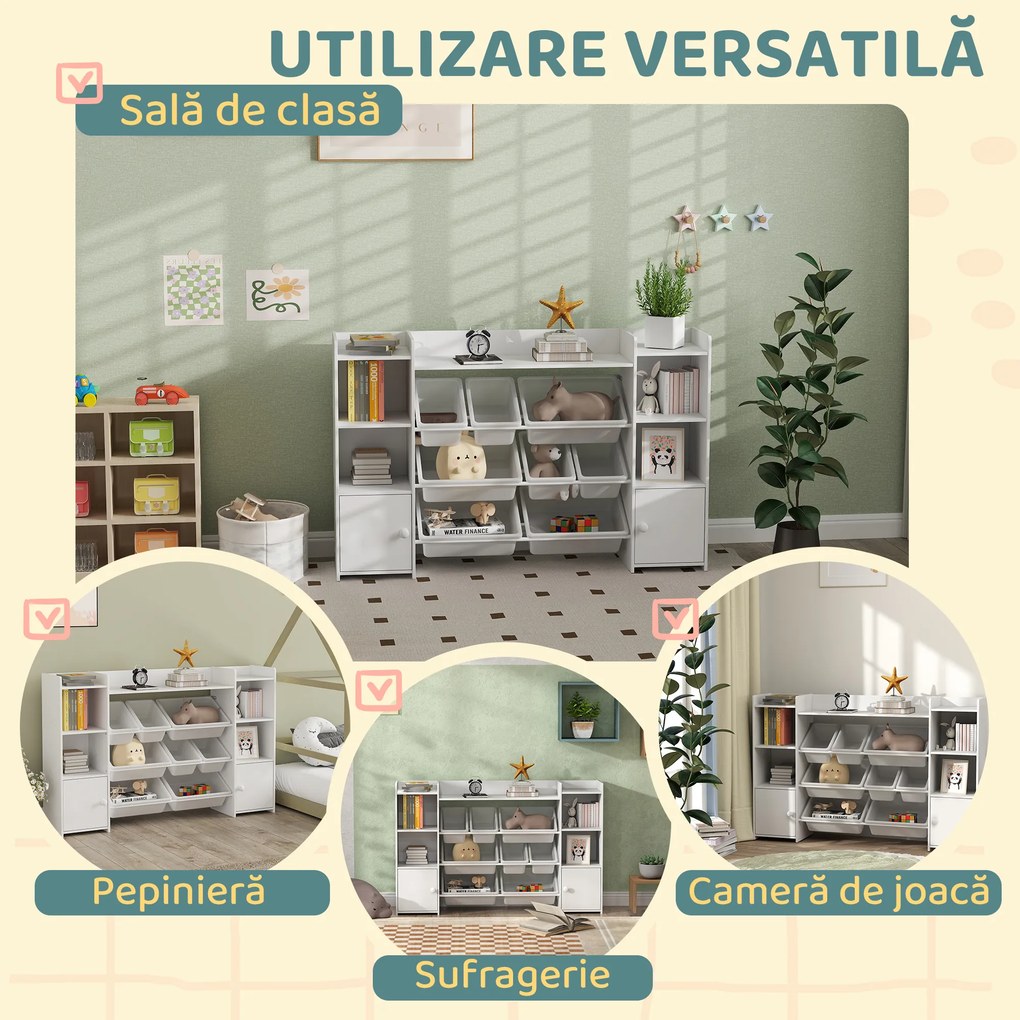 AIYAPLAY Dulap pentru jucării pentru copii cu 8 recipiente detașabile și dulapuri, 140x30x90 cm, alb | Aosom Romania