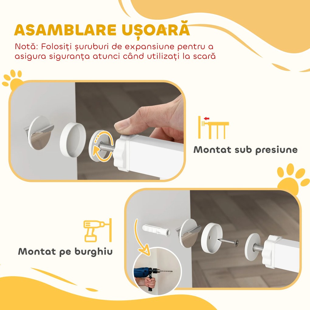 PawHut Poartă de Siguranță pentru Copii și Animale, Extensibilă 96-103 cm, Înălțime 76 cm, Poartă pentru Câini, Scări și Uși, Închidere Automată, Montaj prin Presiune, Deschidere în Ambele Direcții, Alb | Aosom Romania