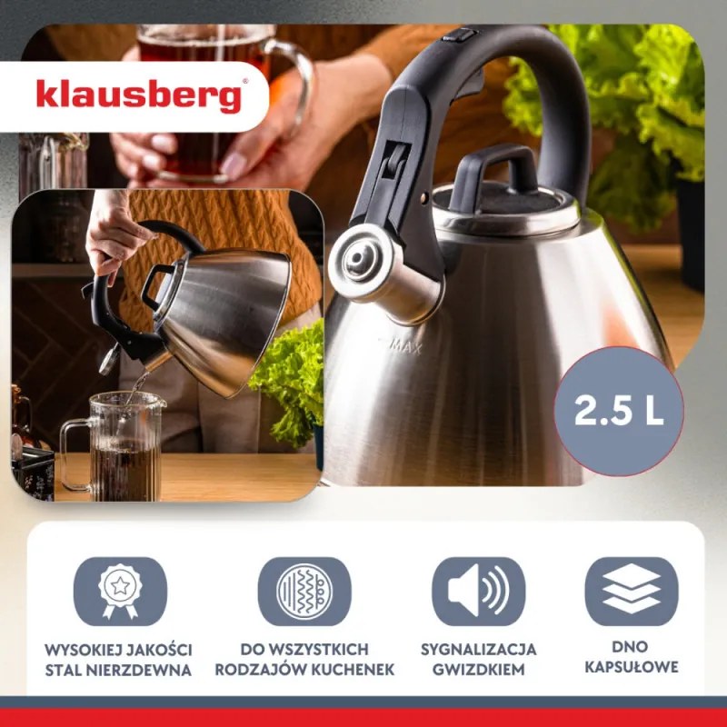 Ceainic cu fluier Klausberg KB 7951, 2.5 l, Otel inoxidabil, Maner termoizolant, Inductie, Onix mat