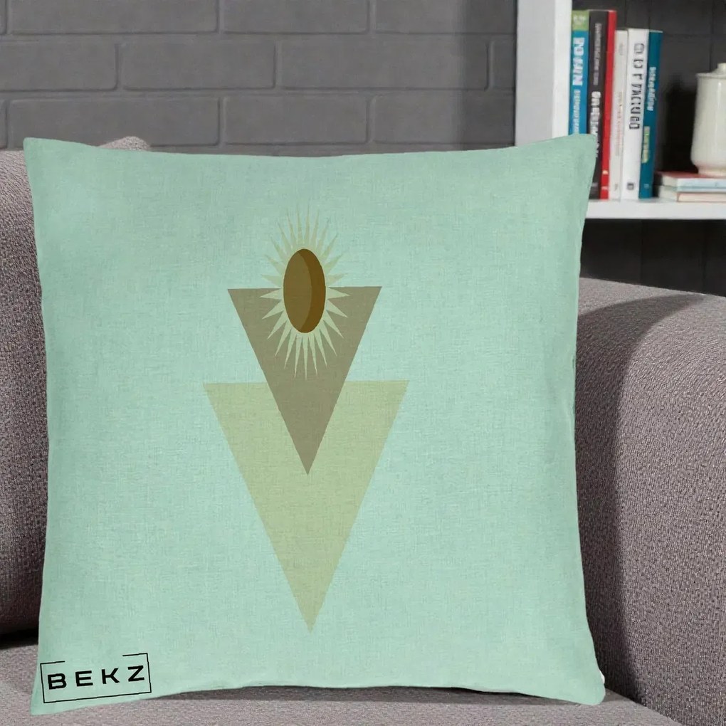 Perna Decorativa Boho Sun cu Triunghiuri Bej si Oval Solar, 40x40 cm, Verde Menta, Husa Detasabila, Perna Inclusa, BEKZ®