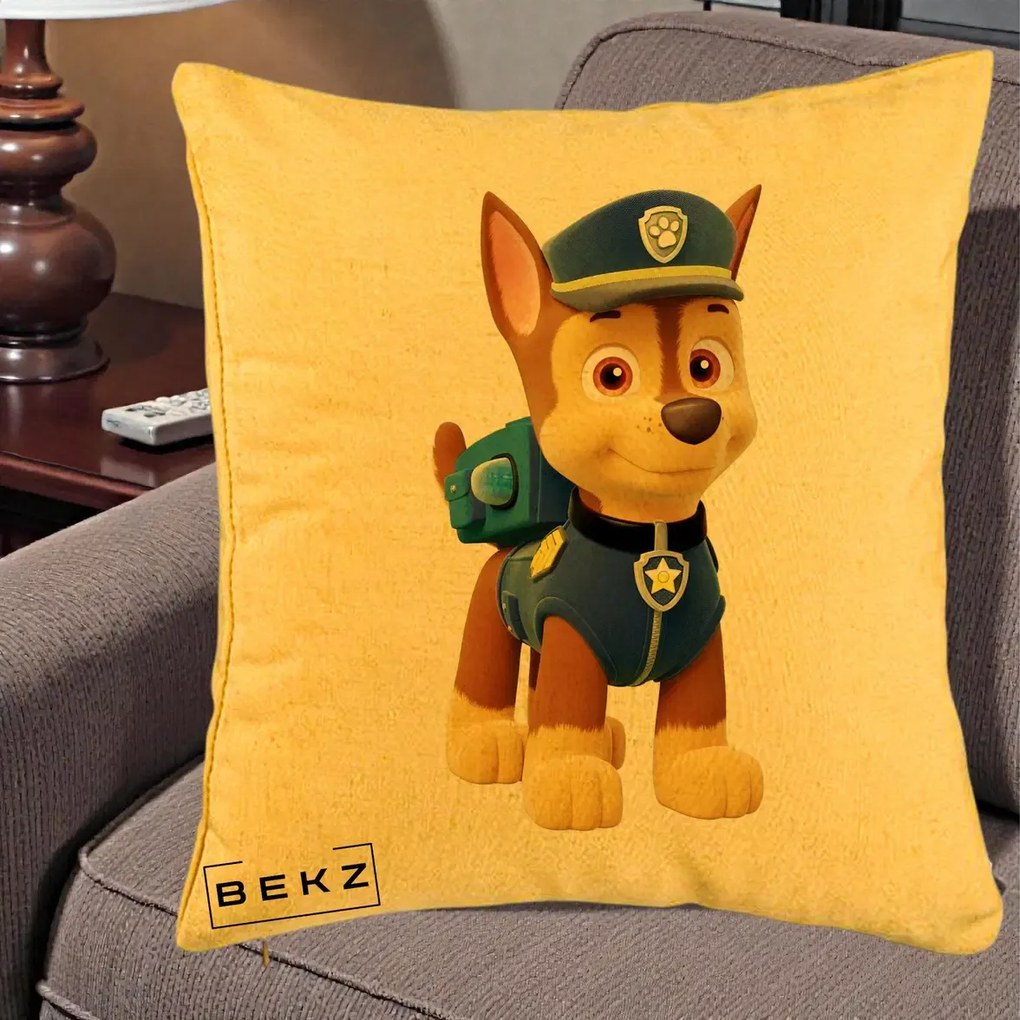 Perna Personalizata Chase PAW Patrol Albastru, 40x40 cm, Galben, Husa Detasabila, Perna Inclusa, BEKZ®