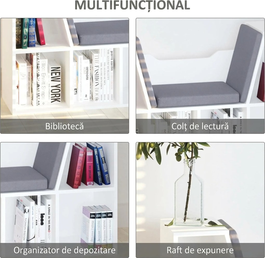 HOMCOM Bibliotecă 2 în 1 cu Perne Confortabile și 6 Compartimente, Mobilier Multifuncțional pentru Cărți și Jocuri, Raft cu 6 Cuburi pentru Sufragerie, Dormitor și Birou, 102x30x61 cm, Alb | Aosom Romania