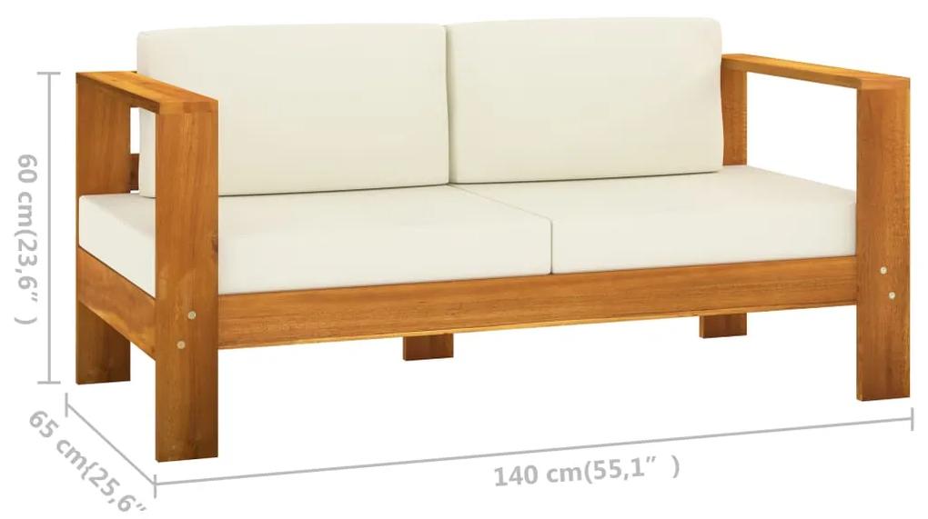 Set mobilier gradina perne alb crem, 4 piese, lemn masiv acacia Crem, 2x fotoliu + banca + masa, 1