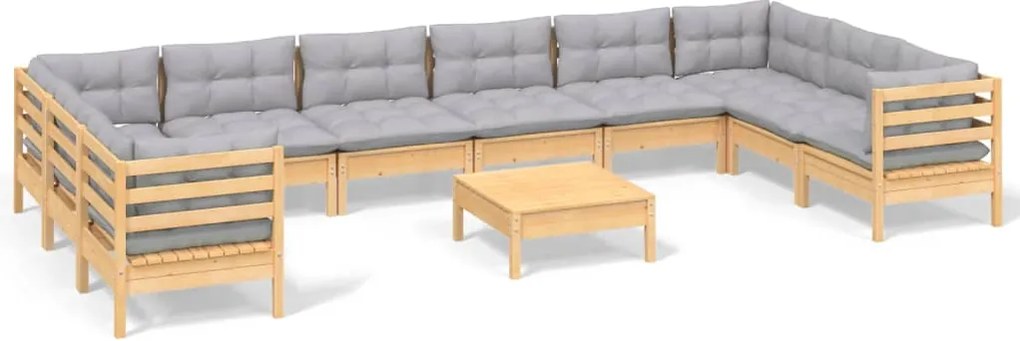 vidaXL Set mobilier de grădină cu perne, 11 piese, gri, lemn masiv pin