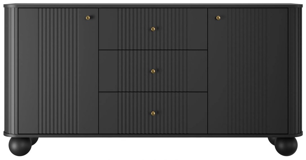 Comodă cu sertare Vesper 160 cm - negru / mânere aurii / picioare sferice