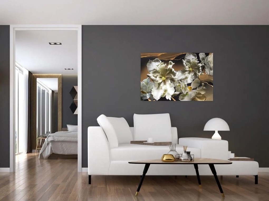 Tablou - Flori de orhidee pe fundal de marmură (90x60 cm)