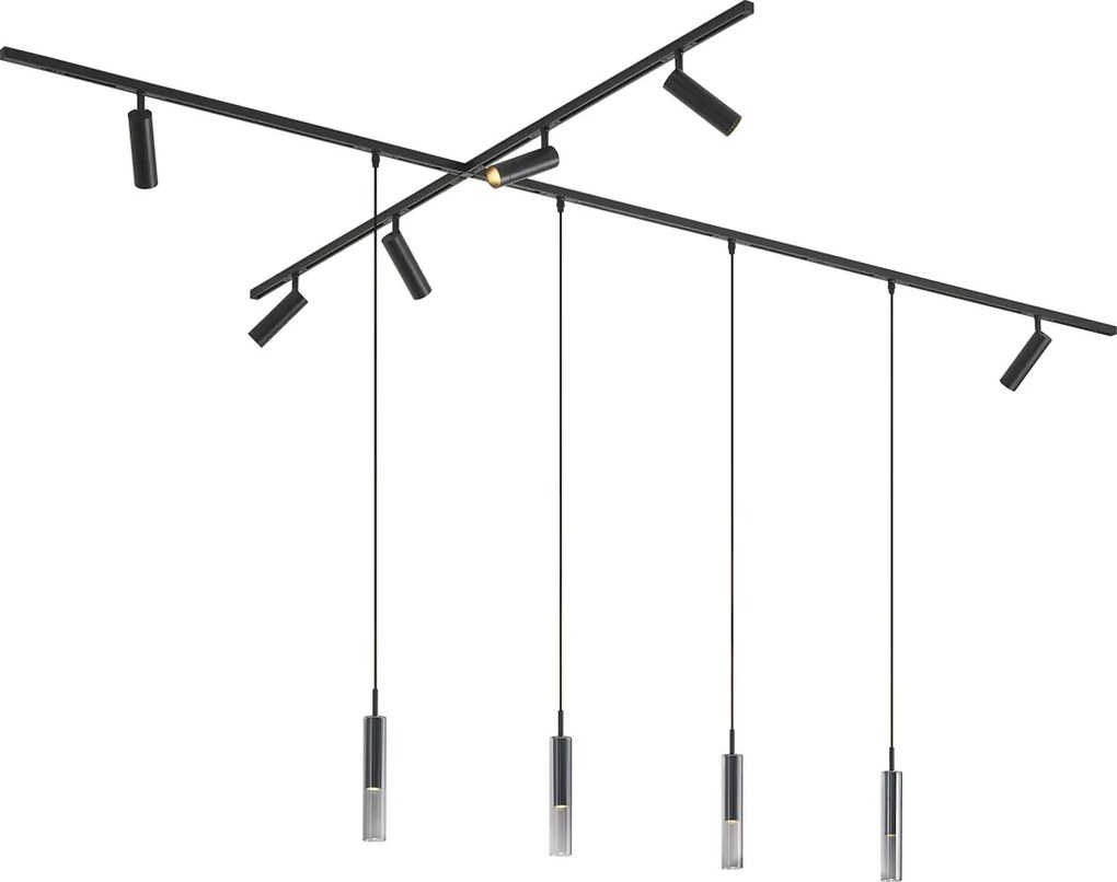 Sistem de iluminat pe șină modern negru cu 6 spoturi și 4 lumini suspendate monofazate - Slimline Uzzy Loyce