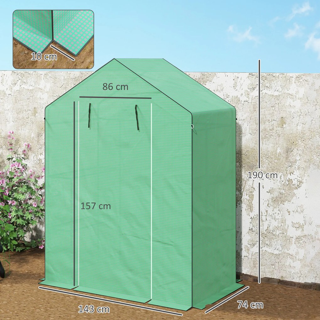 Outsunny Seră cu rafturi, Mini-seră, rezistentă la UV, fereastră de plasă, ușă cu fermoar, 143L x 74W x 190H cm, Verde | Aosom Romania