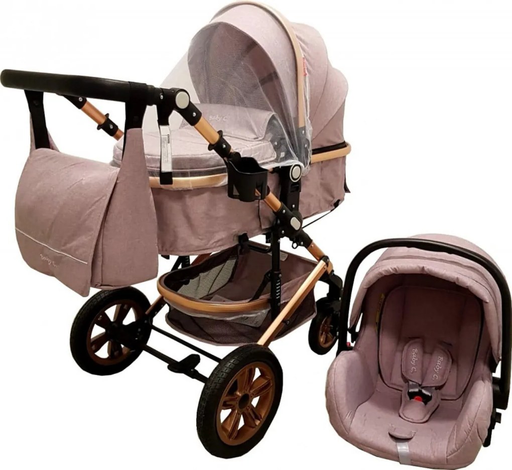 Carucior nou nascuti 3 in 1 Baby Care™ PRO 530 , Cu geanta bebe, Cadru Aluminiu Gold, Amortizoare, Roti din cauciuc plin AVE, Landou, Scoica auto,
