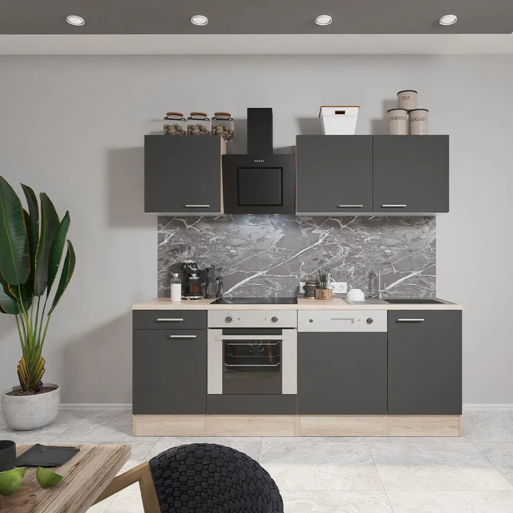 Mobilă de bucătărie Yorki 220, corp din stejar sonoma, față antracit satinat cu element inferior al cuptorului