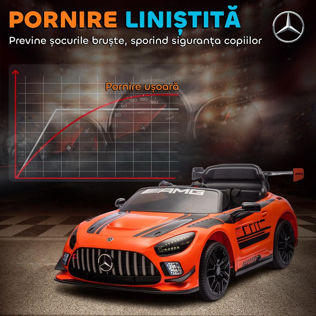 AIYAPLAY Mașină Electrică Copii 3-8 Ani Mercedes-AMG 12V cu Telecomandă, Lumini LED, Roți de Transport, Portocaliu | Aosom Romania