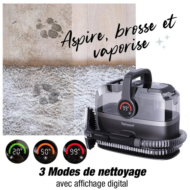 Aparat multifunctional cu aburi si aspirator Techwood TAN-7066V, 600/800W, Rezervor de apa curata si reziduala, 3 moduri, Afisaj digital, Gri Inchis