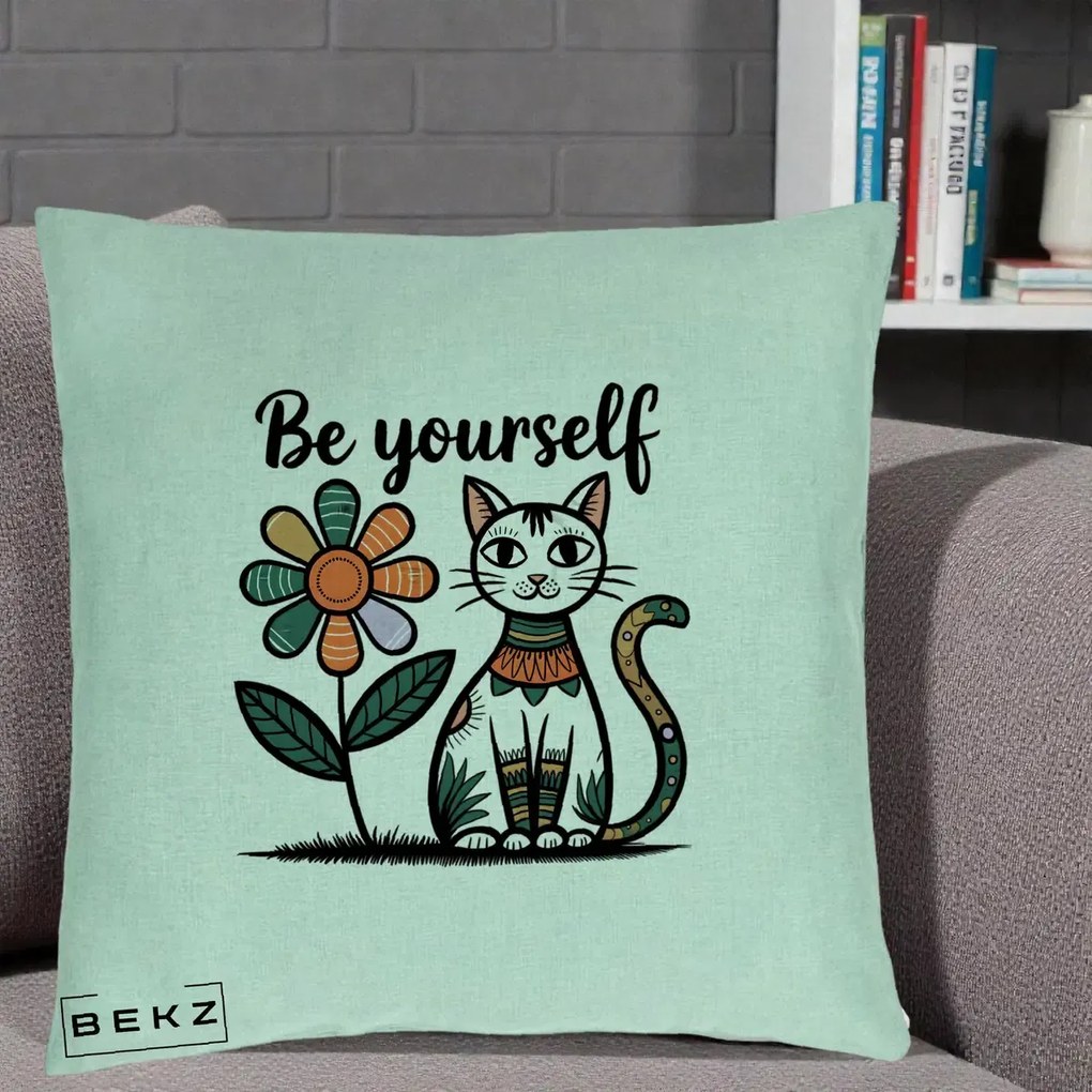 Perna Personalizata Be Yourself Pisica Folk, 40x40 cm, Verde Menta, Husa Detasabila, Perna Inclusa, BEKZ®