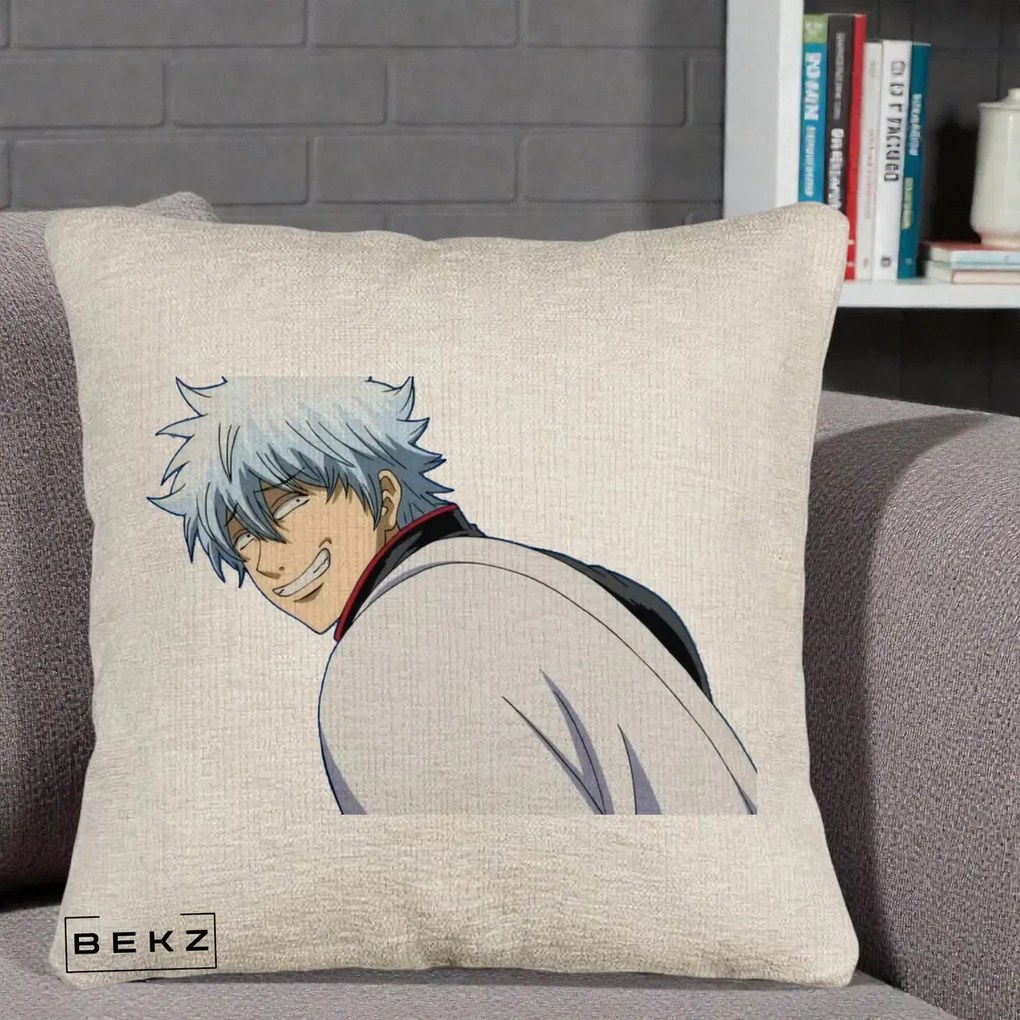 Perna Personalizata Gintama Gintoki Portret cu Zambet, 40x40 cm, Bej Canapea, Husa Detasabila, Perna Inclusa, BEKZ®